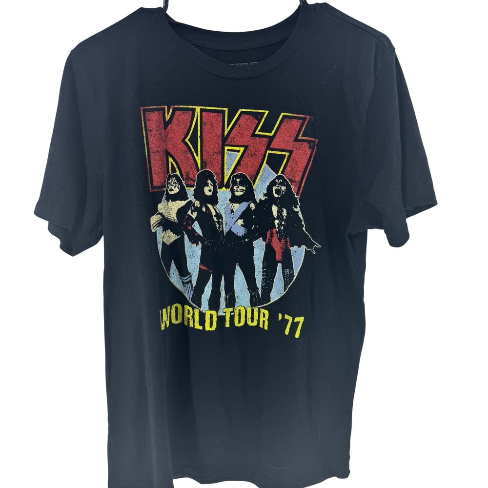 KISS World Tour 77‎ Graphic T-Shirt Mens Large Black Rock Band Short Sleeve Tee